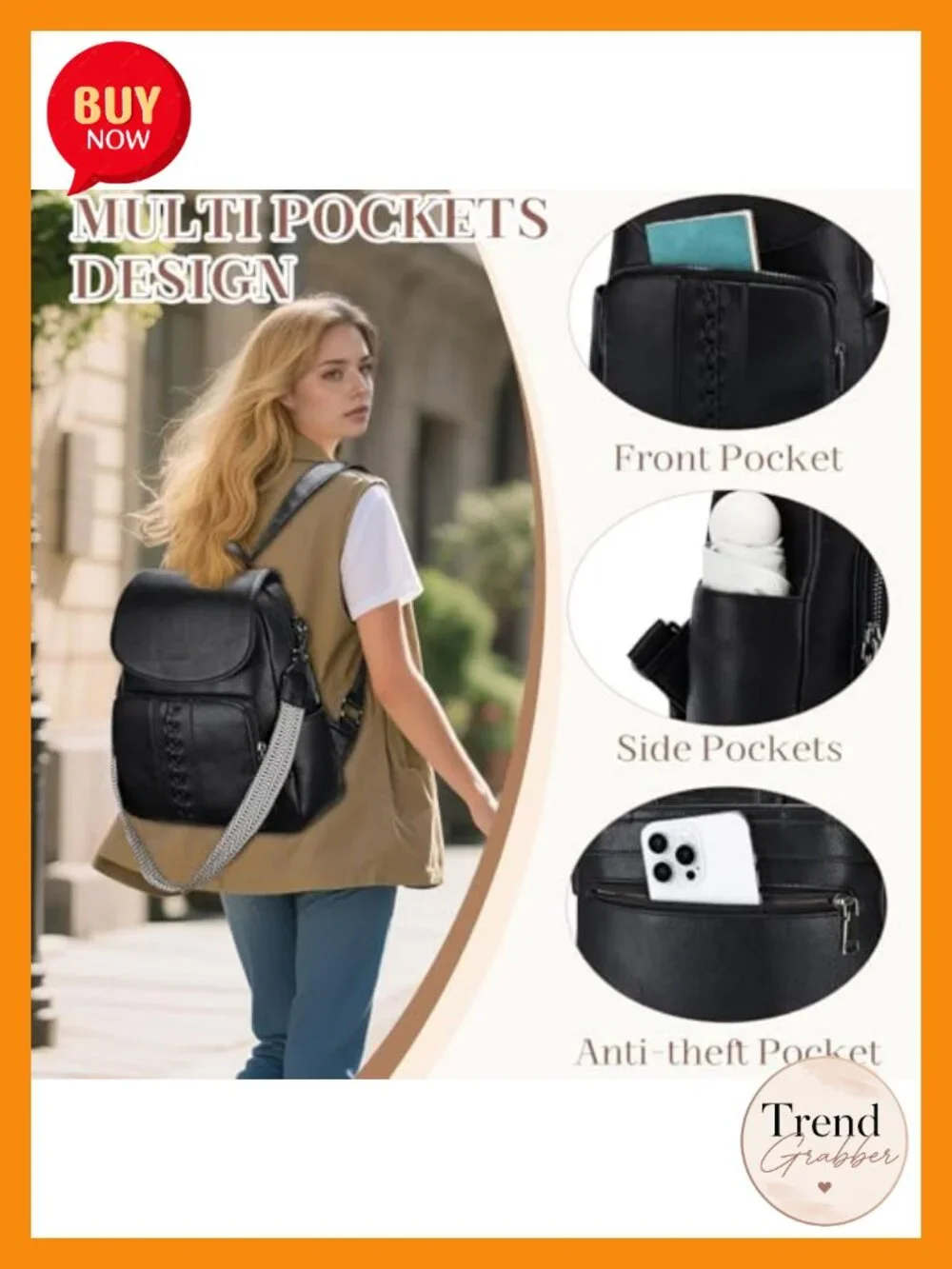 Women's Vegan Leather Flap Backpack Purse with Guitar Strap